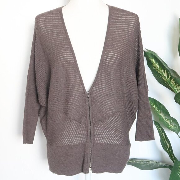 Eileen Fisher Taupe Wool V-neck Zip Up Knit Dolman Sleeve Cardigan Sweater Small - Picture 1 of 10